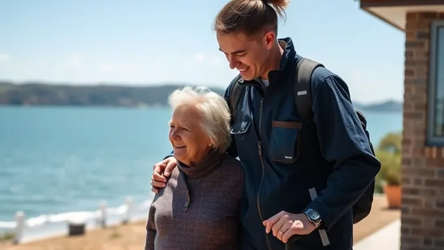 A support worker walking arm in arm with an older woman by the coast