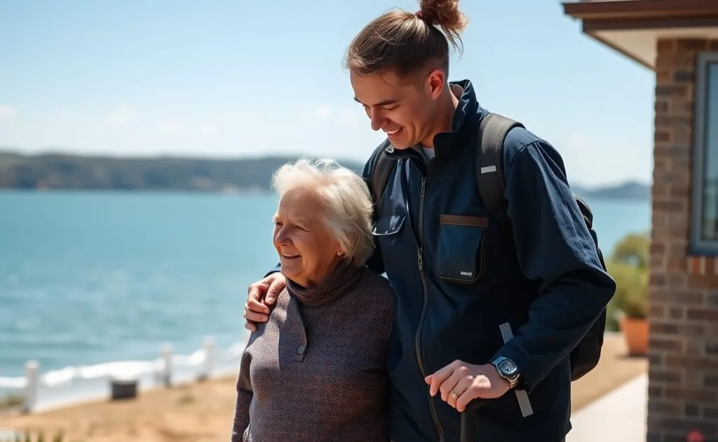 A support worker walking arm in arm with an older woman by the coast
