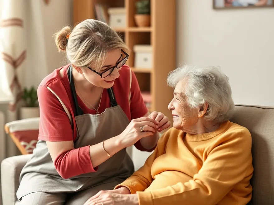 A support worker helping an older woman at home