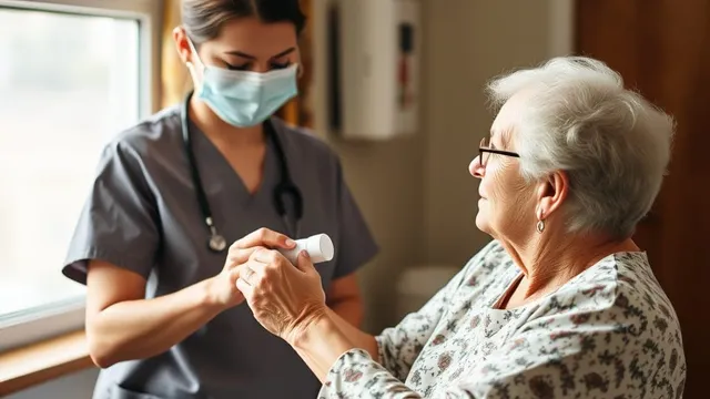 A nurse holding an older woman’s hands and talking with her