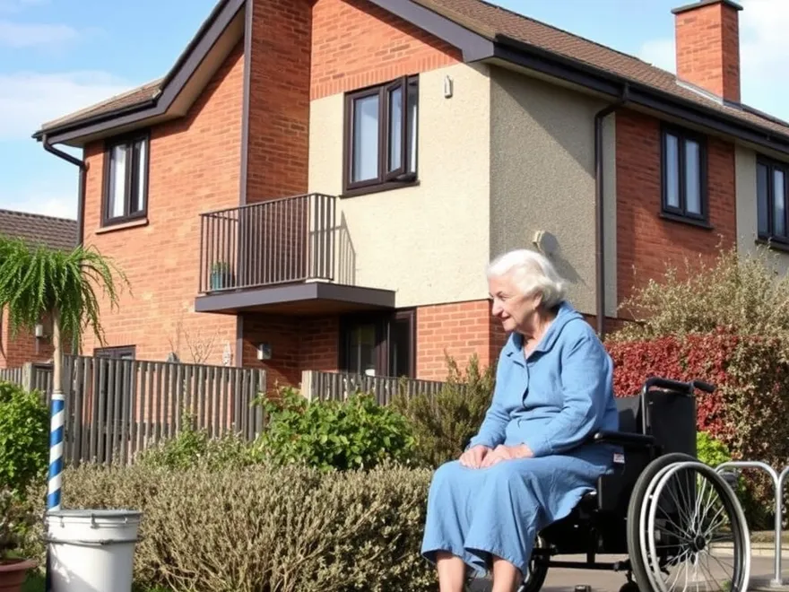 A wheelchair user outside the front of their home