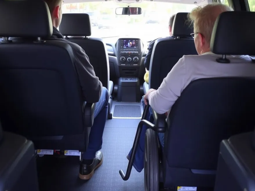 The interior of an accessible transport vehicle with wheelchair space